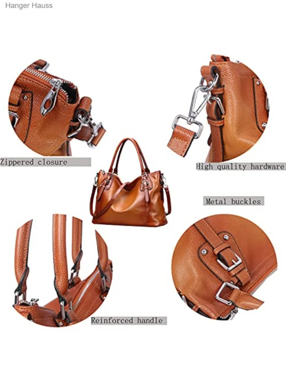 Genuine Leather Tote Satchel Handbag with Top Handles, Crossbody Strap